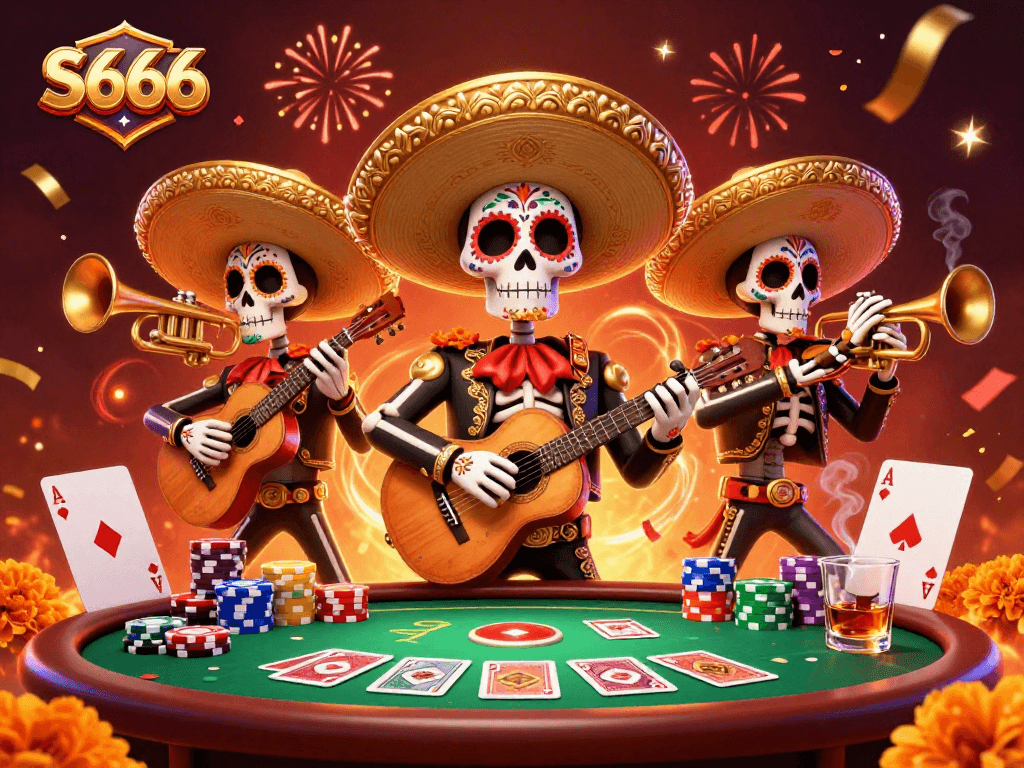 S666 players enjoy a vibrant poker game with a colorful mariachi band celebrating the thrill of winning.