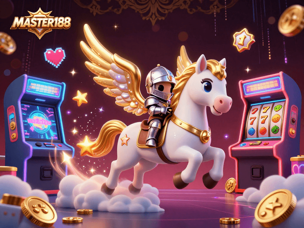Experience thrilling gameplay with MASTER188's exciting slot features and colorful casino elements in a vibrant 3D illustration.
