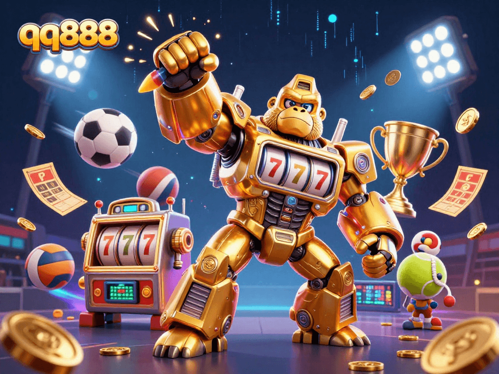 Experience thrilling gaming action at qq888 with a golden gorilla mech and dynamic sports elements.