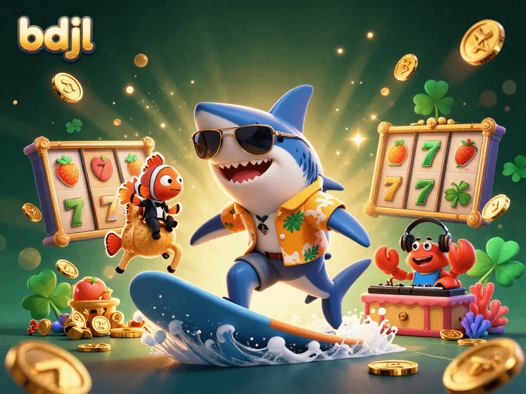 Engage with bdjl's thrilling slots scene featuring a shark and colorful characters.