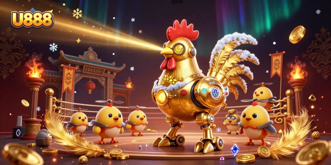 U888 showcases an electrifying 3D illustration with a golden rooster robot and drones, capturing casino action.