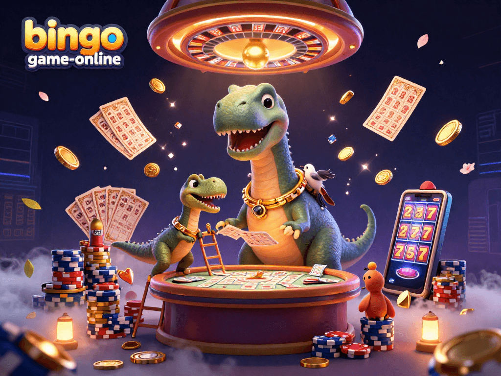 Catch excitement with bingo-game-online as colorful cards and coins burst from a lively casino scene.
