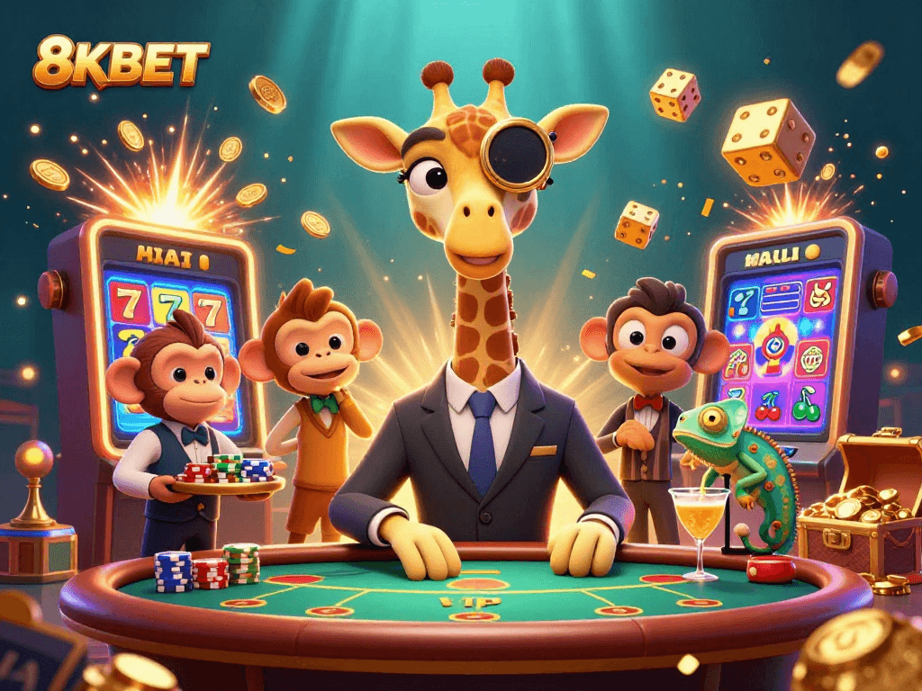 Bet and win at 8KBET with a thrilling scene featuring a giraffe, monkey, and chameleon.