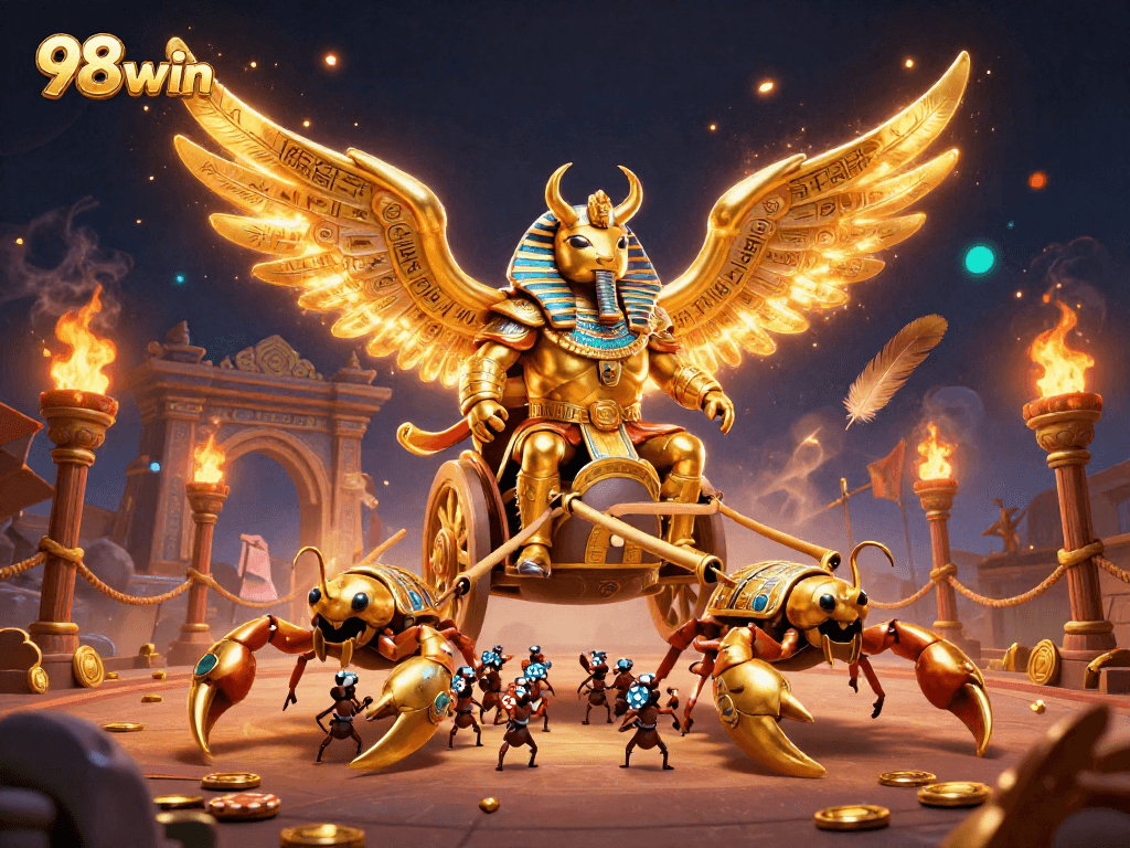 Engage with 98win's vibrant casino scene featuring a golden scarab beetle chariot and colorful poker chips.