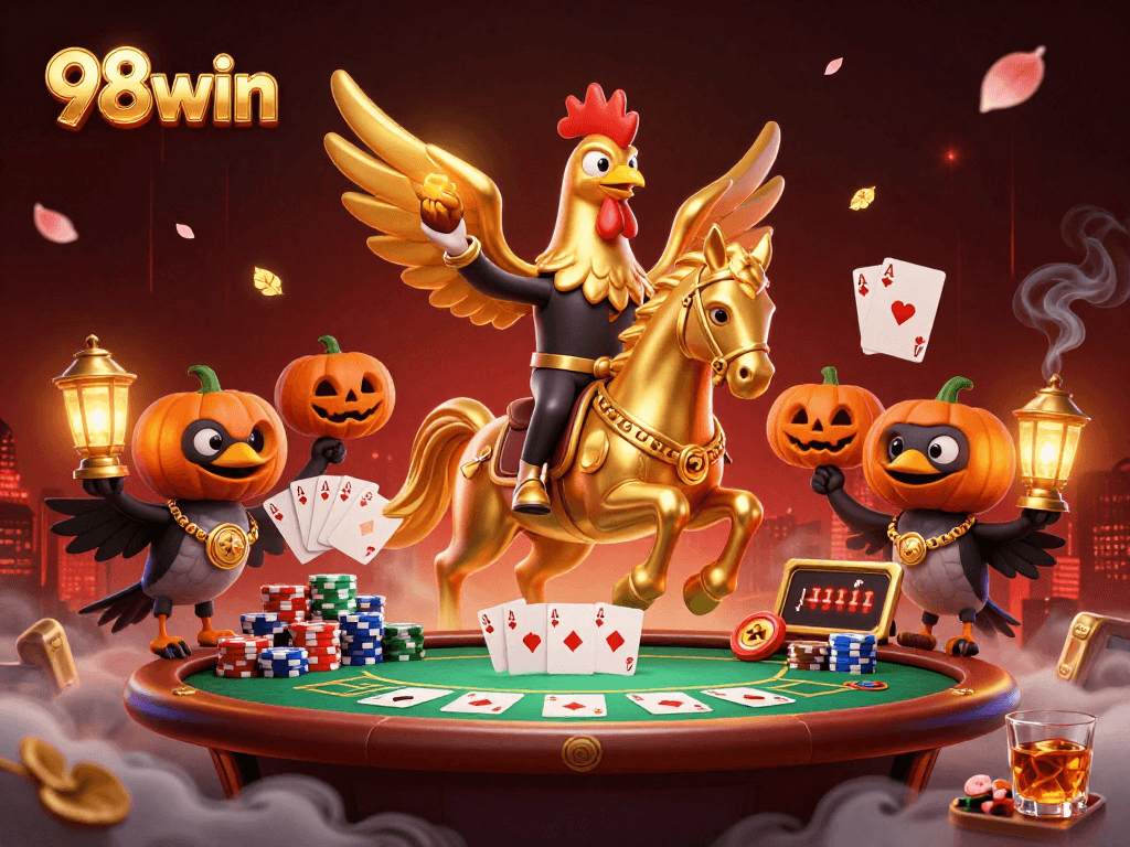 Experience thrilling 98win gameplay with a golden rooster in a lively casino setting.