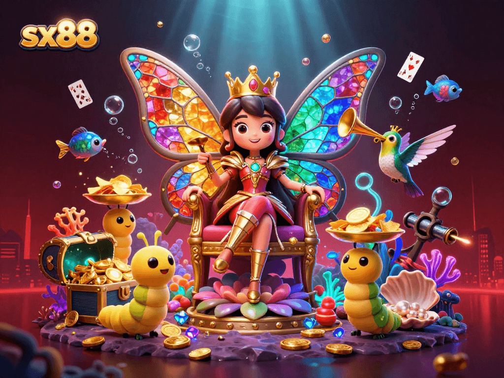 SX88 features a vibrant butterfly queen amid underwater treasures, celebrating online gaming excitement.