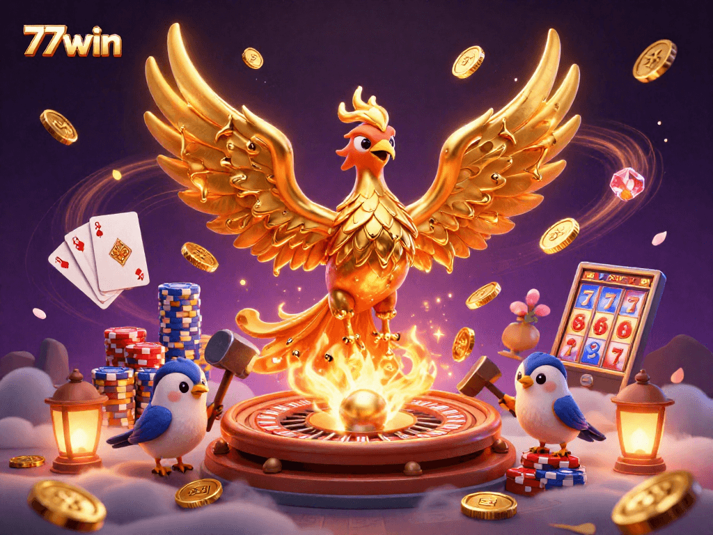 Experience thrilling gameplay with the golden phoenix of 77win in this vibrant digital casino scene.