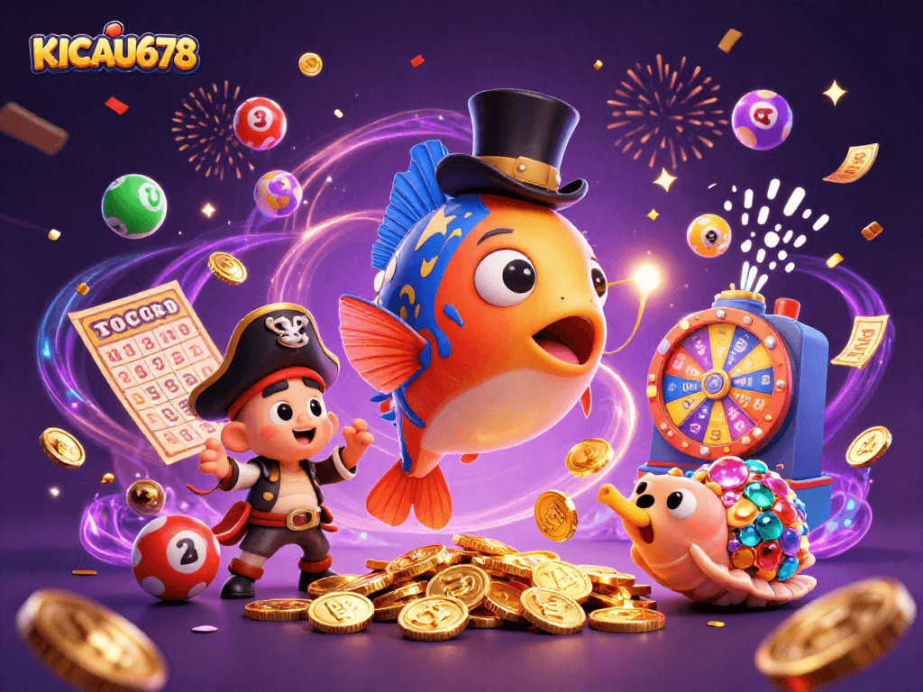 KICAU678 brings thrilling dynamic lottery action with cartoon characters under a festive backdrop.