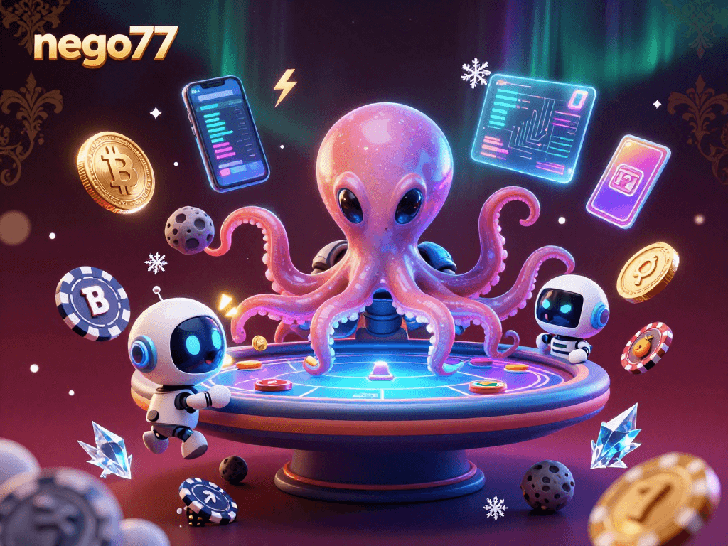Play exciting games at nego77 with a galactic octopus dealing poker beneath vibrant cosmos.