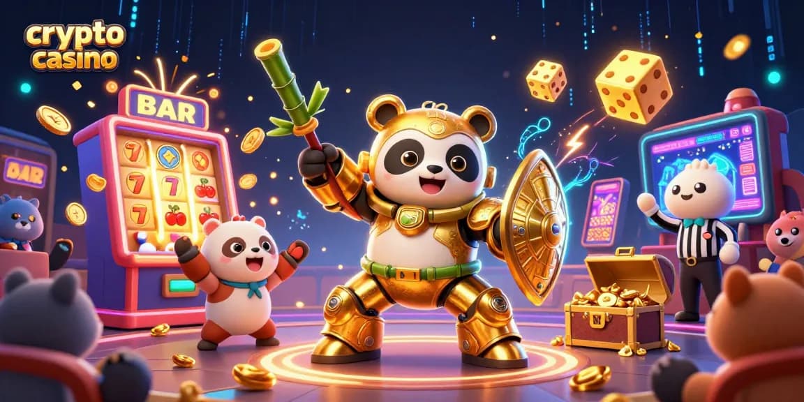 Catching wins at a crypto casino with a mech-suit panda amidst thrilling slots and cheerful animal fans
