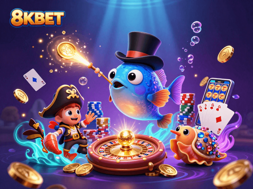 Engage with 8KBET's vibrant casino scene featuring animated characters and sparkling treasures.