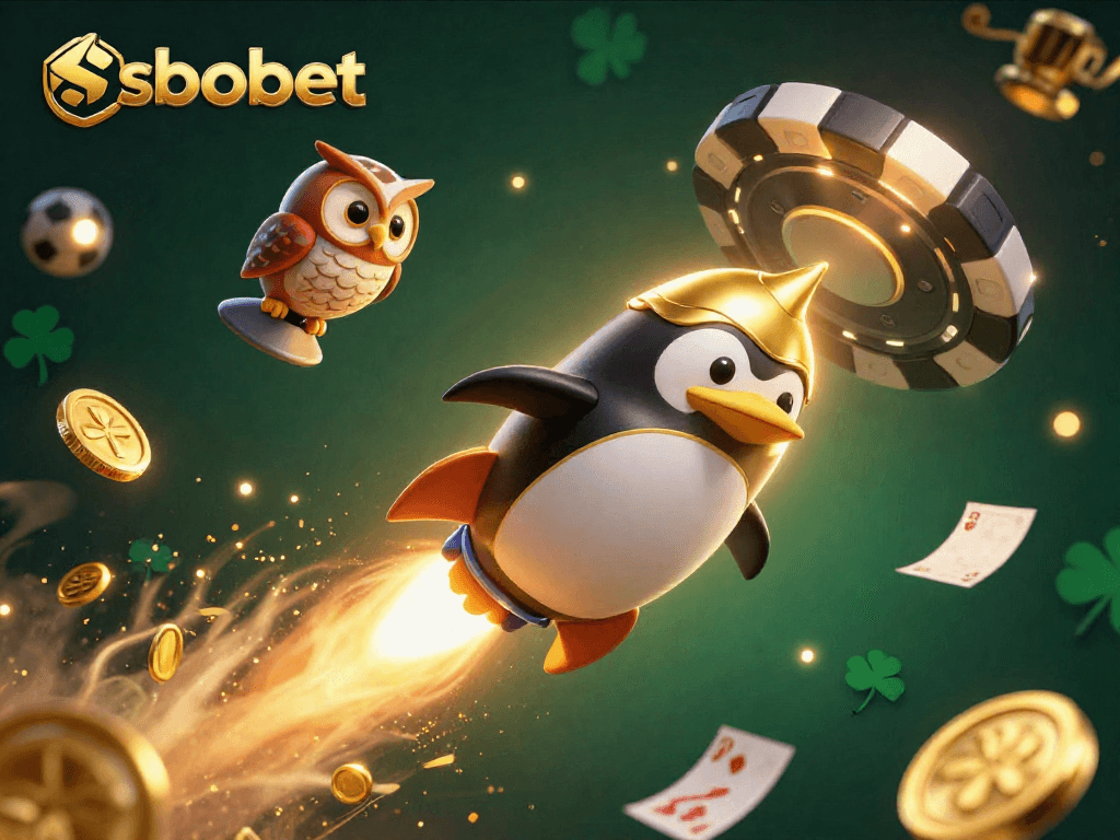 SBOBET sports betting illustrated with a golden penguin and casino-themed space elements, emphasizing dynamic wagering.