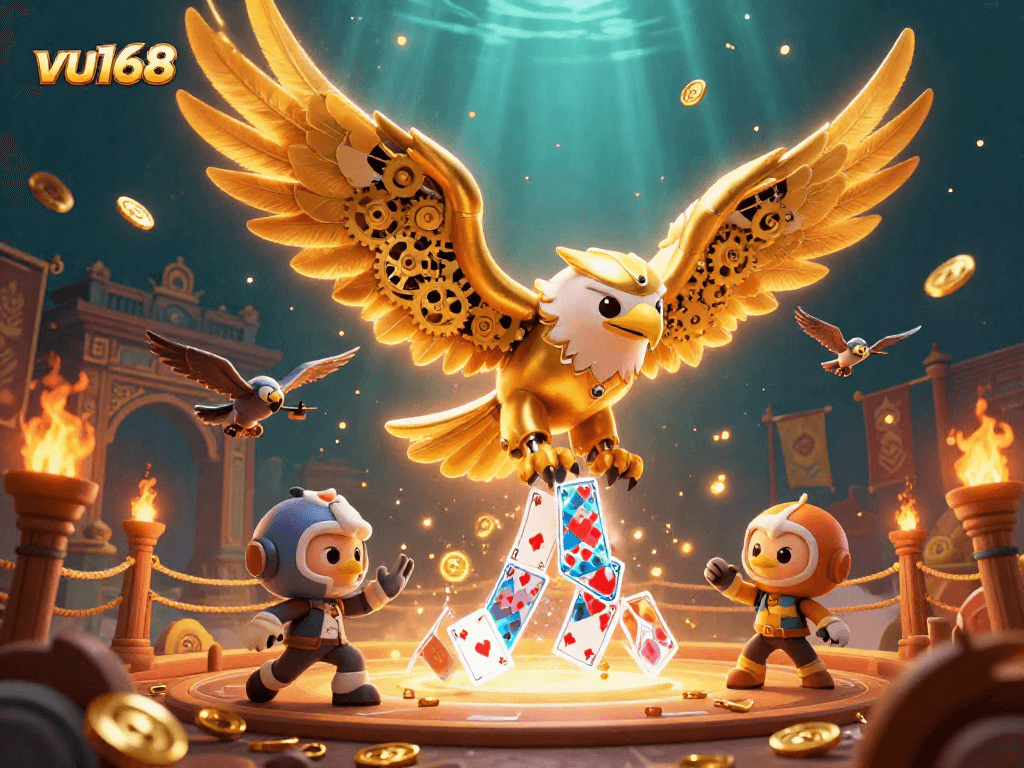 Experience thrilling gameplay with the vu168 cybernetic eagle soaring through a dynamic casino scene.
