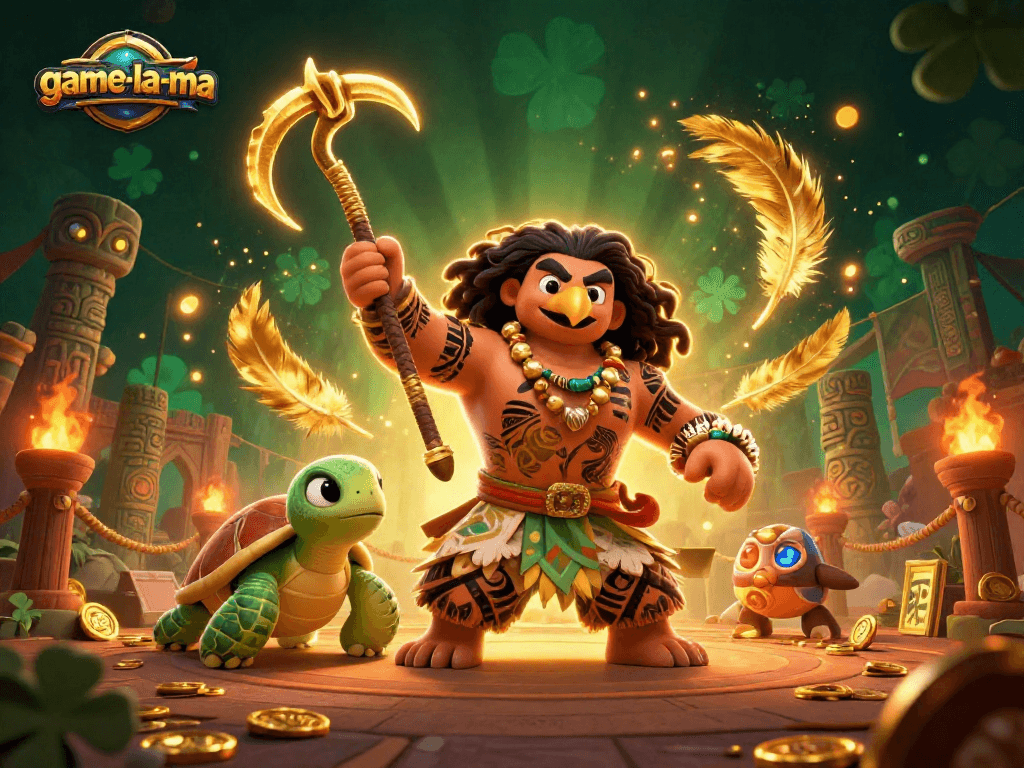 Experience game-la-ma with a cartoon demigod hawk and vibrant casino elements in an action-packed scene.