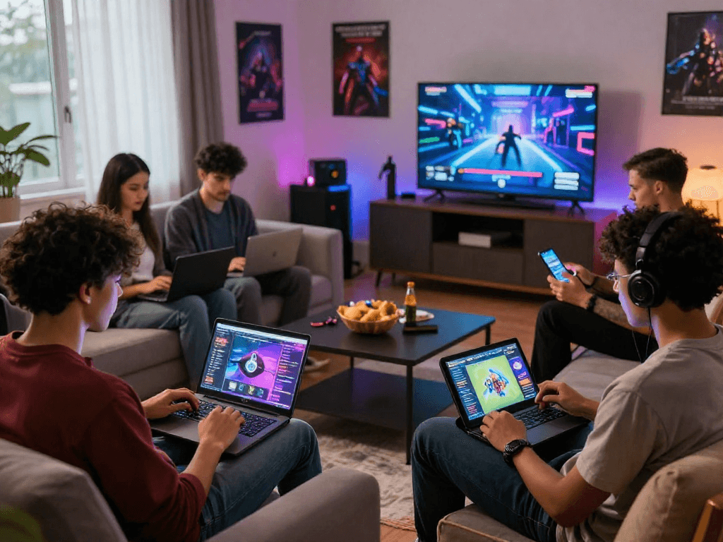 Group of diverse gamers enjoying free mobile porn games in a cozy living room setting.