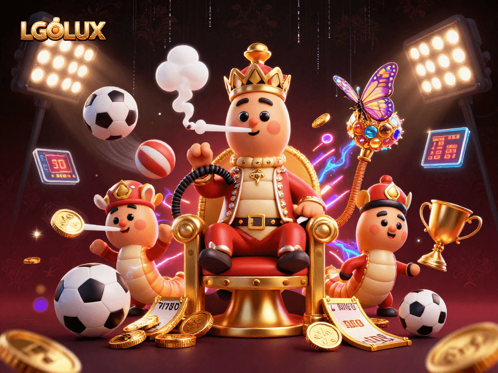 Betting with LGOLUX: 3D cartoon illustration of a hookah-master and dynamic sports elements.