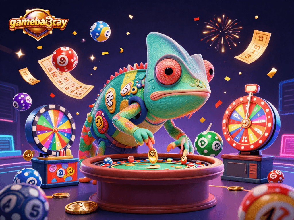 Engage in thrilling gaming at gamebai3cay with vibrant casino elements like lottery balls and golden tickets.