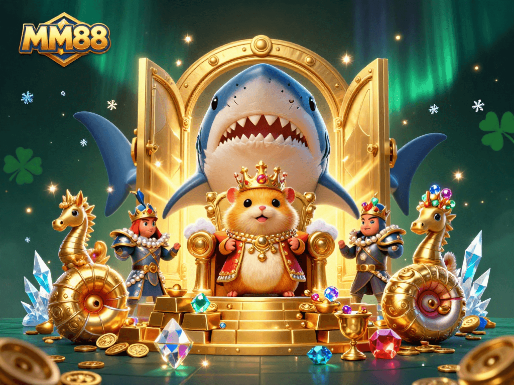 Bet on MM88 as the golden hamster king rules over an extravagant treasure-filled casino scene.