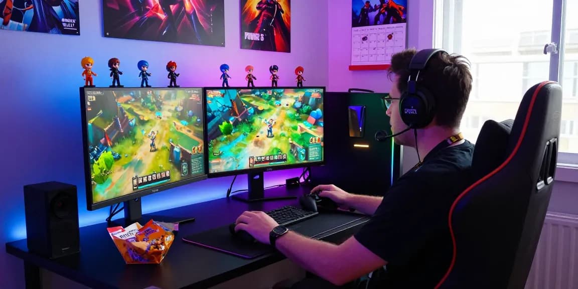Gamer immersed in gameplay on dual monitors with gacha168 collectibles in a vibrant, colorful gaming setup.