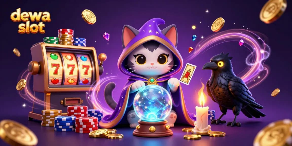 Experience the thrill of dewa slot with mystical characters, coins, and vibrant casino elements.