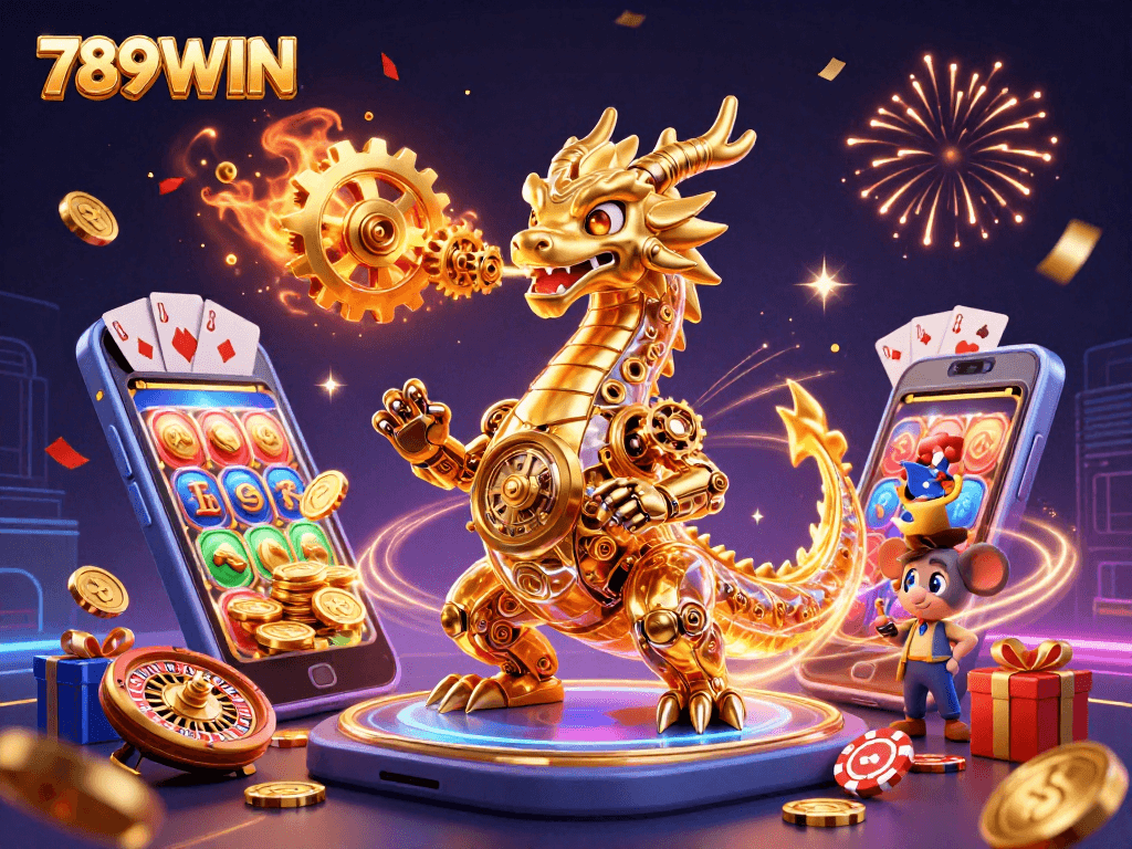 Experience thrilling action at 789WIN with a dynamic 3D scene of a golden dragon, slot games, and vibrant casino elements.