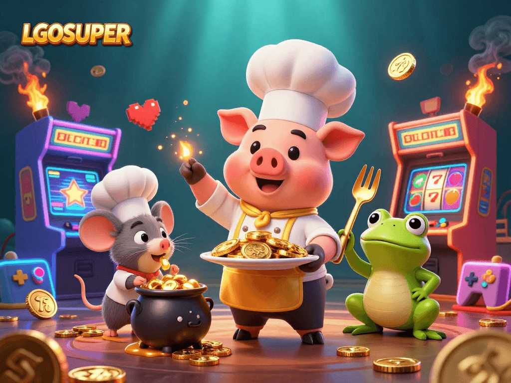 Experience LGOSUPER with a vibrant 3D casino scene filled with gaming excitement and golden rewards.