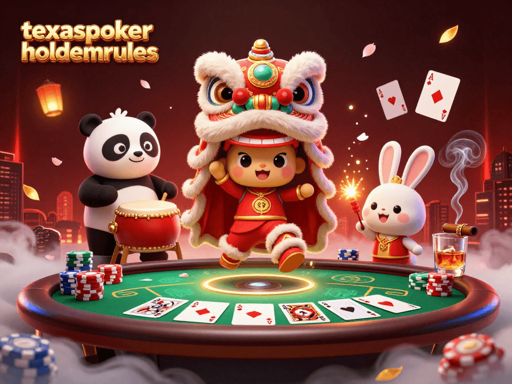 Experience a vibrant poker scene with texaspokerholdemrules, featuring lion dance performers and poker elements.