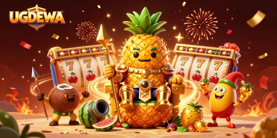 Experience winning excitement with UGDEWA's vibrant casino scene featuring golden slot reels and festive characters.