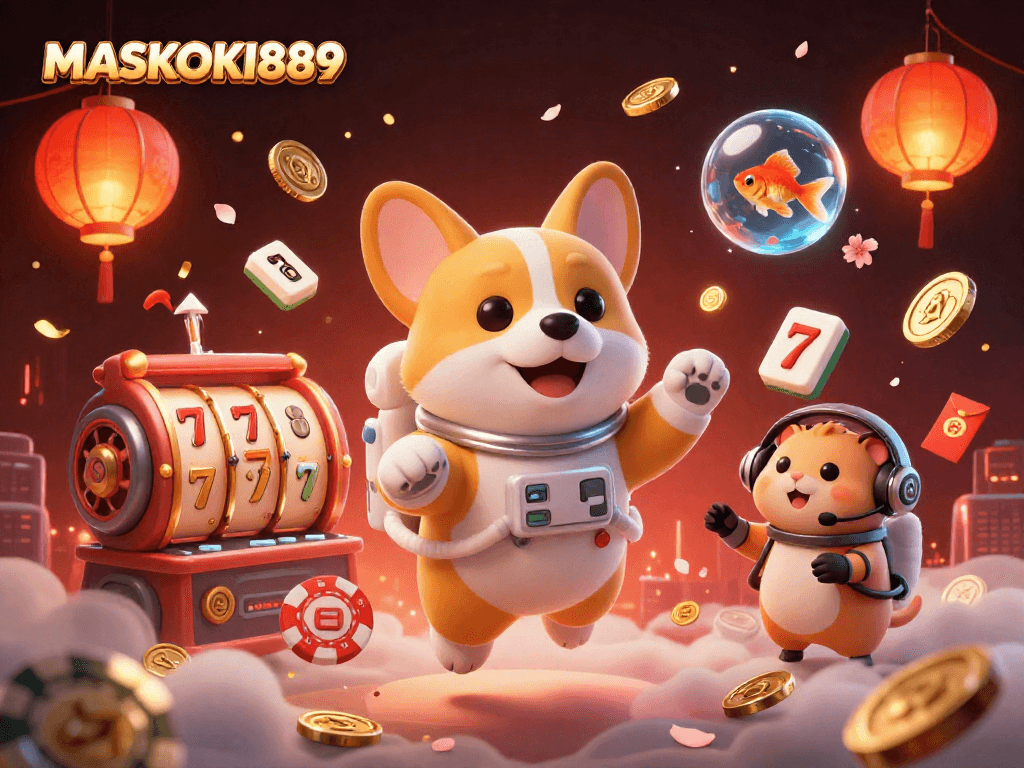 Experience the thrill of MASKOKI889 with a vibrant 3D casino scene featuring a floating corgi, gambling elements, and dynamic action.
