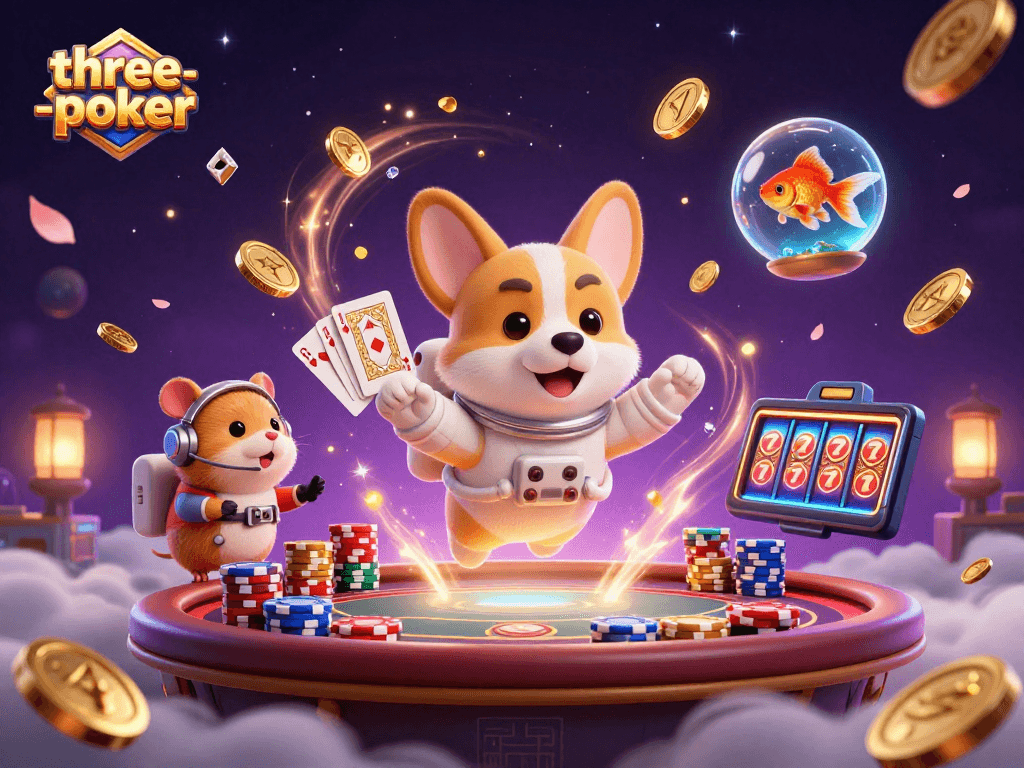 Engage in three-card-poker with lively 3D characters inside a space-themed casino, emphasizing fun.