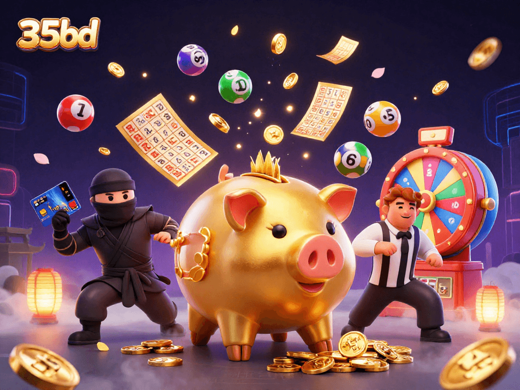 Experience thrilling gameplay with 35bd, featuring a golden piggy bank sumo wrestler amidst vibrant casino elements.