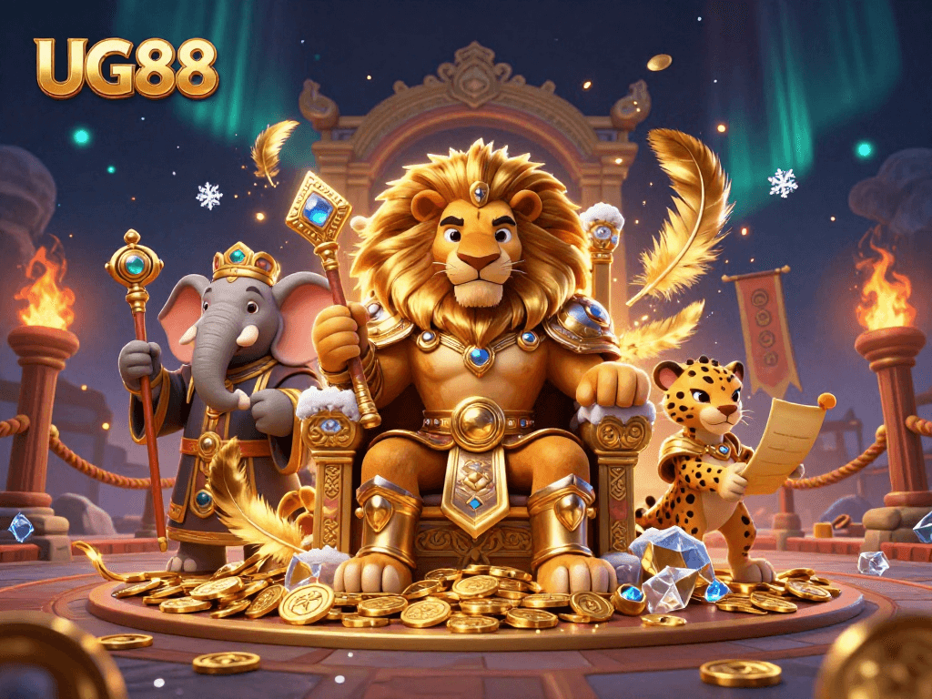 Experience thrilling betting adventures at UG88 with our fierce lion king and advisors in a vibrant casino scene