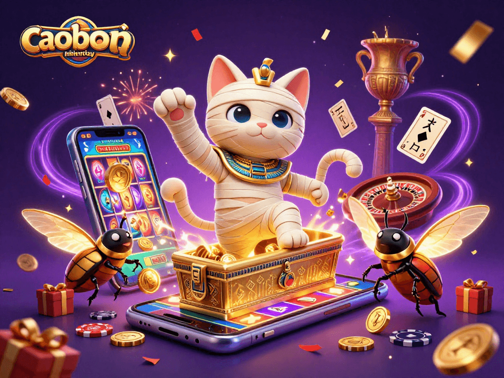 Experience caoboimientay with a lively 3D illustration of Egyptian characters in a casino setting.