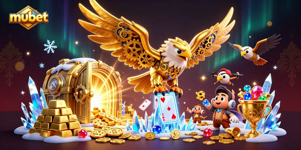 Experience the thrill of mubet as the cybernetic eagle soars through a dynamic casino scene full of treasures.