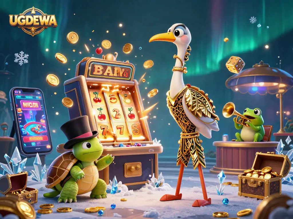 Spin jackpots with UGDEWA’s colorful slot machine and lively characters in a vibrant casino scene.