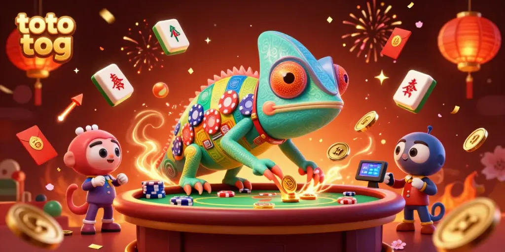 Experience dynamic casino gaming with the vibrant toto tog-themed illustration featuring a chameleon owner and festive elements.