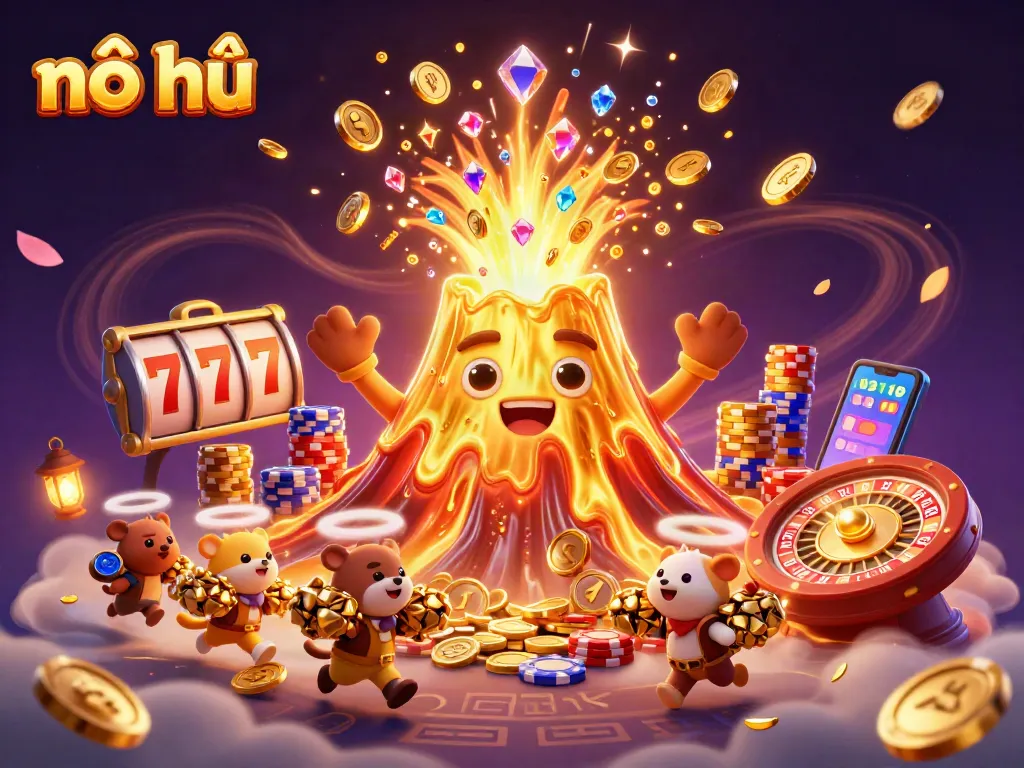Experience the excitement of nổ hũ with golden treasures erupting in a 3D casino scene.