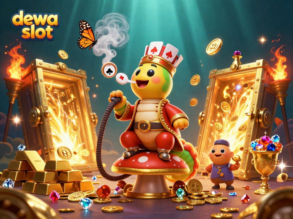 Caterpillar hookah-master illustrates dewa slot features amidst treasure in a vibrant casino scene