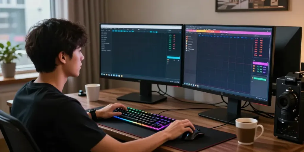 Player immersed in online toto togel gaming on a sleek desktop with vibrant graphics and an inviting atmosphere.