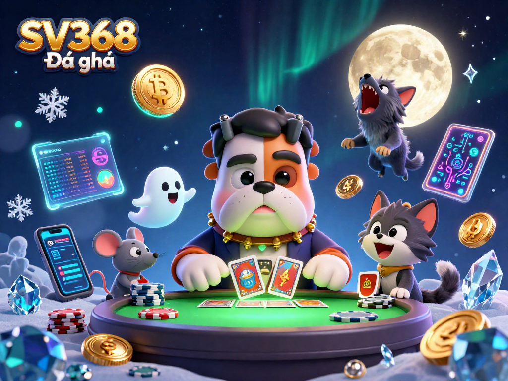 SV368 Đá gà showcases a 3D bulldog monster dealing cards in a dynamic casino scene.