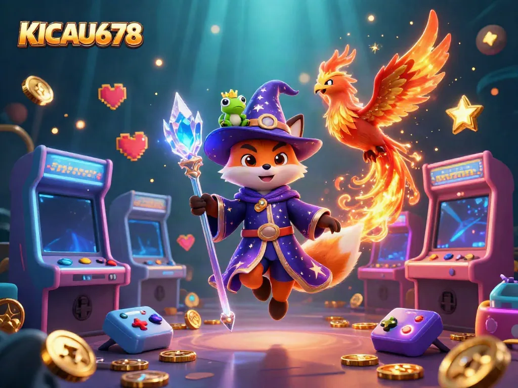 KICAU678 brings a magical casino experience with a wizard fox, phoenix, and enchanted frog.