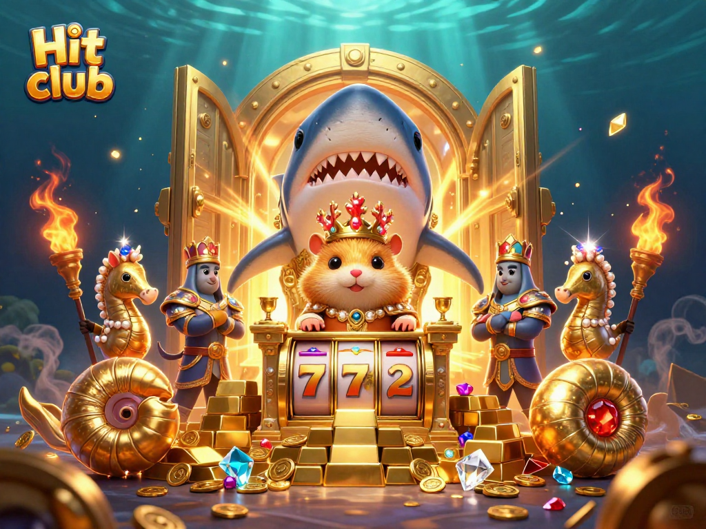 Hit club displays a golden hamster king on a megalodon throne amidst treasure, showcasing slots and gems.