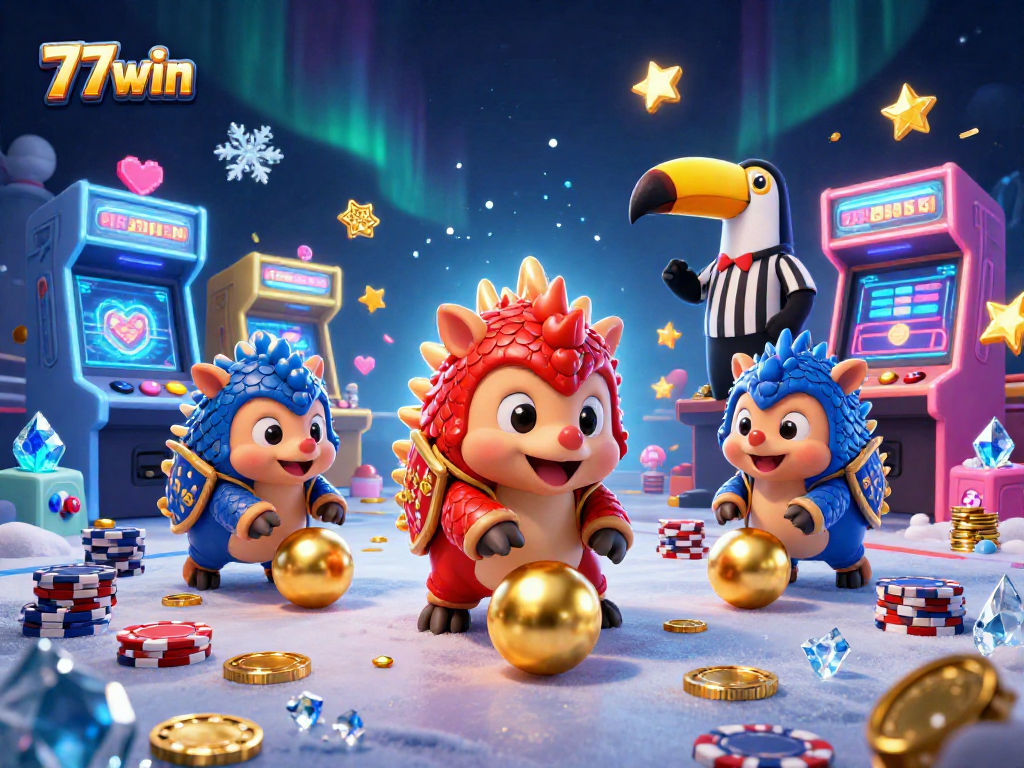 Experience thrilling gameplay at 77win with a vibrant casino scene featuring dynamic pangolin characters.