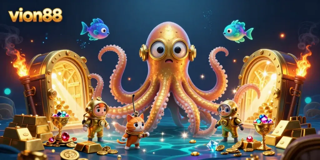 Engage with exciting casino action at vion88, featuring a kraken and diving cat in a treasure-filled ocean.
