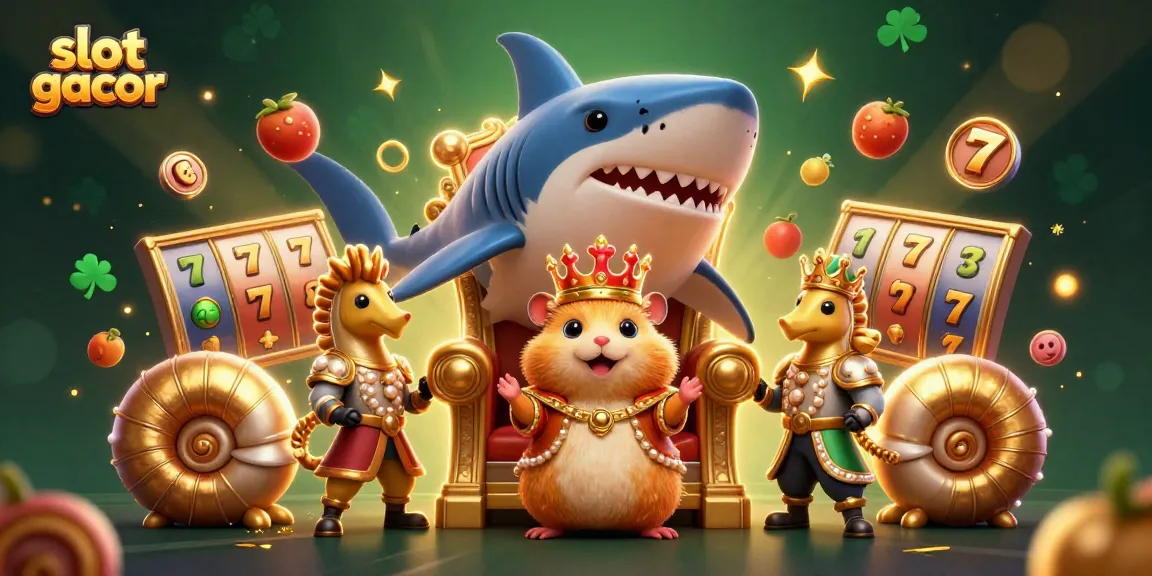 Permainan slot gacor dengan raja hamster emas dan pengawal kuda laut dalam suasana kasino yang meriah.