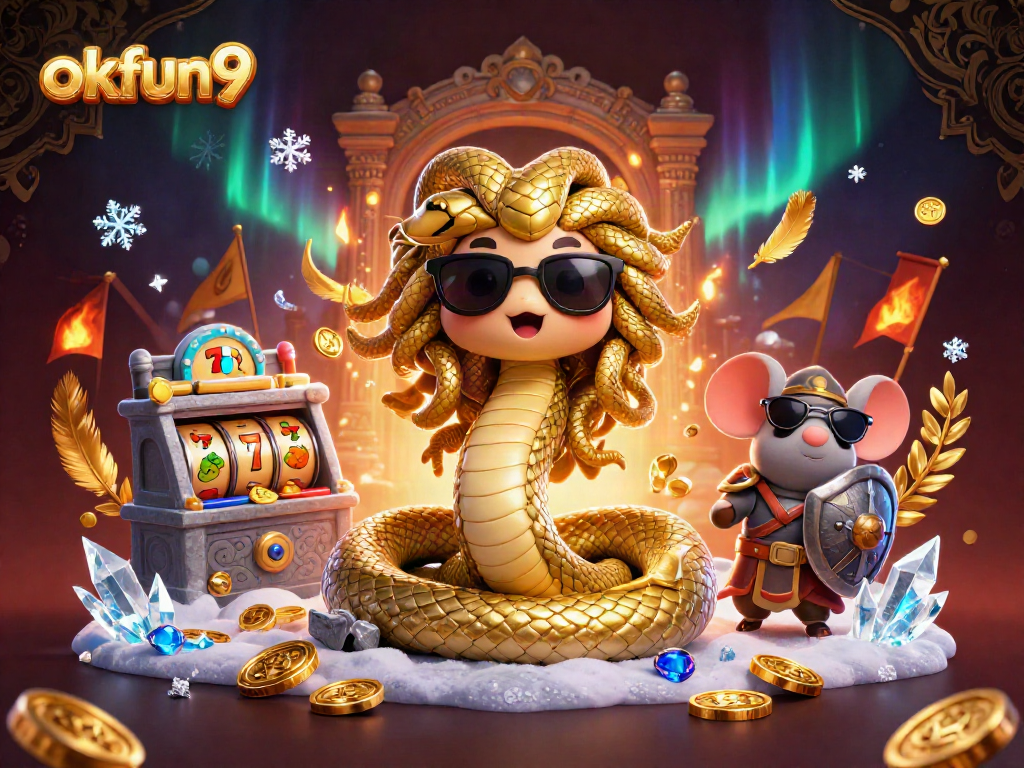 Spin the reels at okfun9 with Medusa and a warrior mouse surrounded by golden coins.