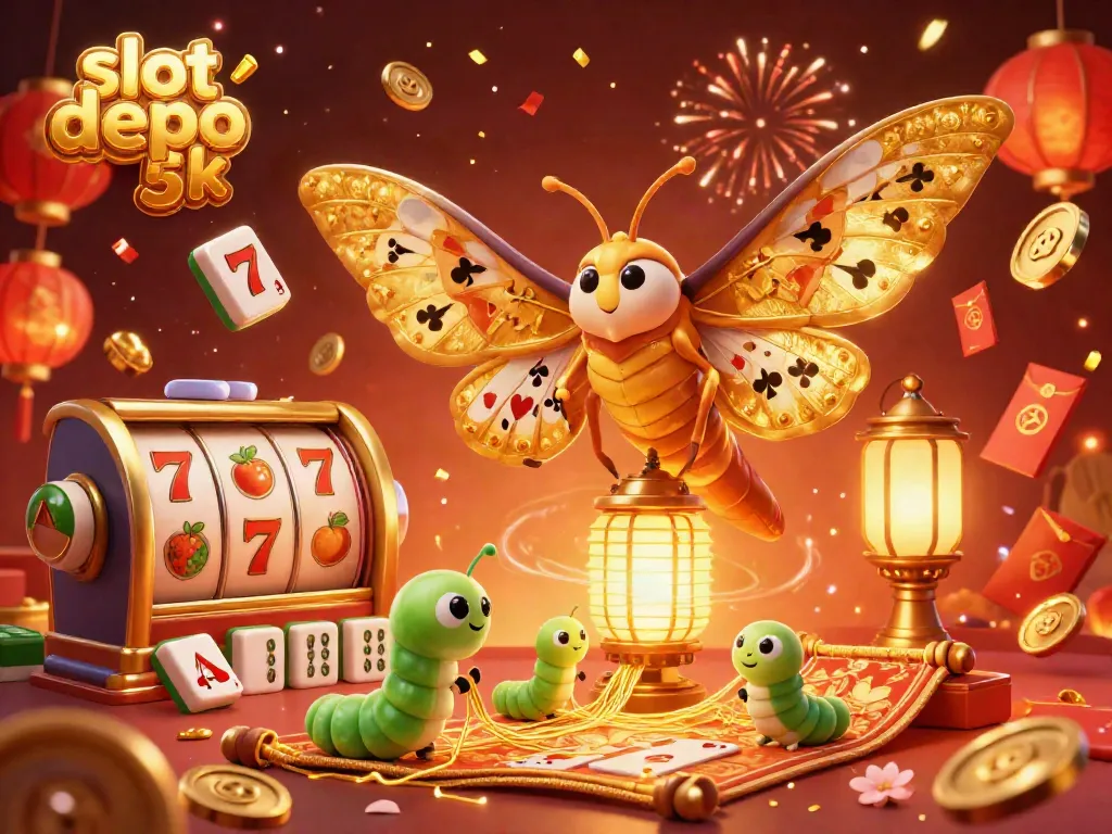 Experience the excitement of slot depo 5k with a vibrant casino scene featuring golden moths, colorful symbols, and lively elements.