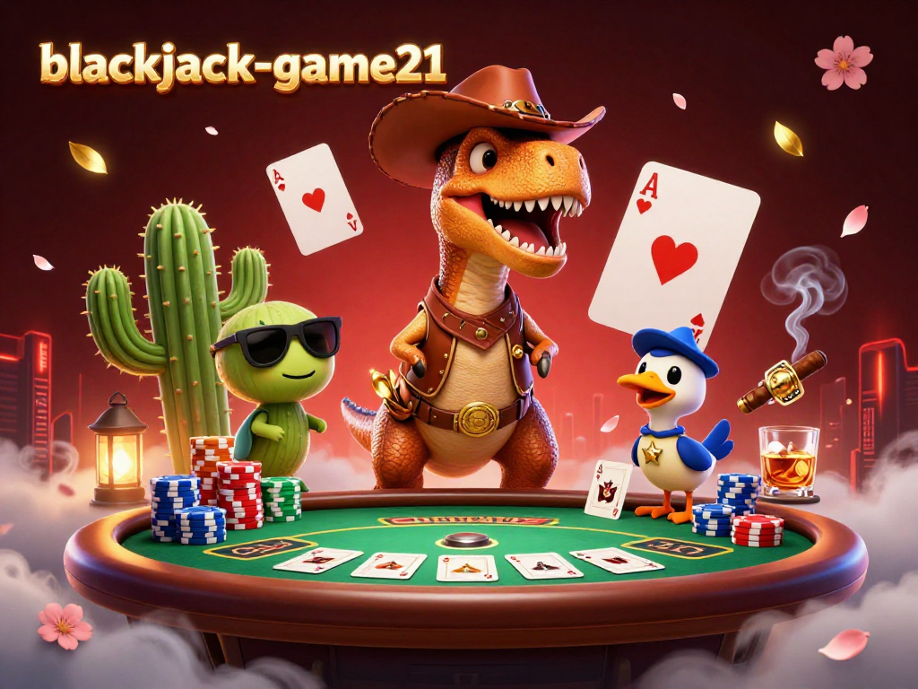 Engage in a thrilling game at blackjack-game21 with unique characters playing cards and vibrant casino elements.