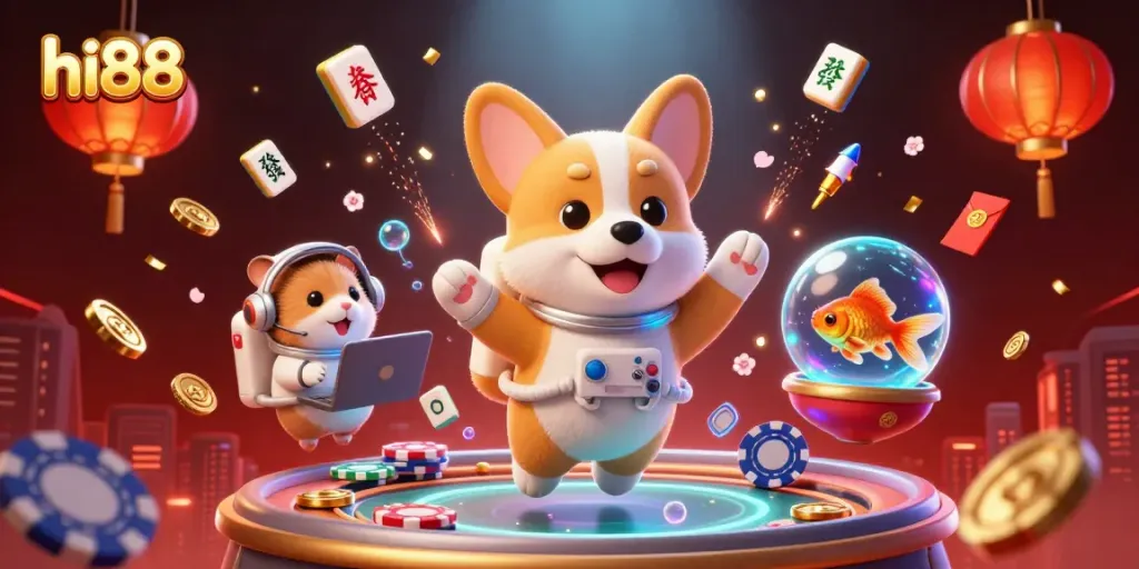 Experience the excitement of hi88 gambling as the 3D astronaut corgi navigates a vibrant casino in zero gravity.