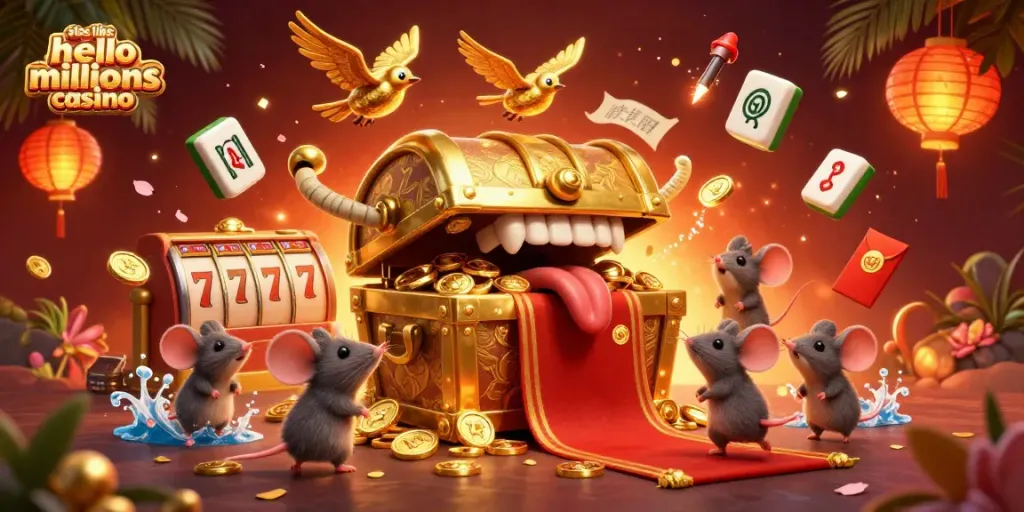 Engage at sites like hello millions casino with a 3D cartoon treasure chest and vibrant casino elements.